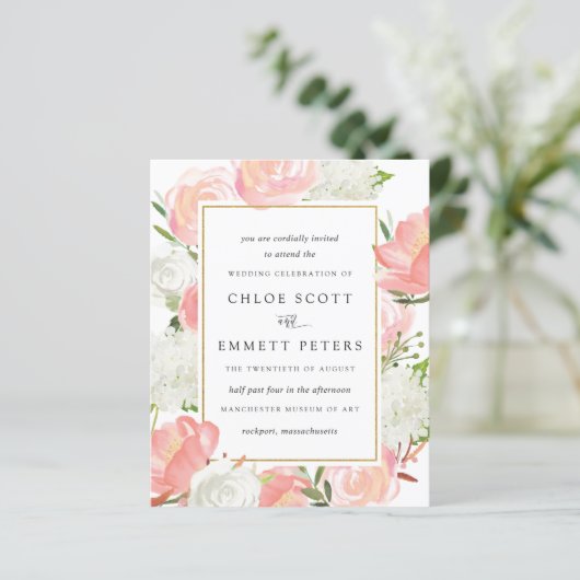 Budget roze White Floral Rustic Wedding Invitation (Staand voorkant)