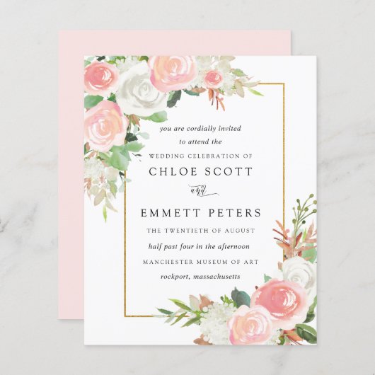 Budget roze White Floral Rustic Wedding Invitation (Voorkant / Achterkant)