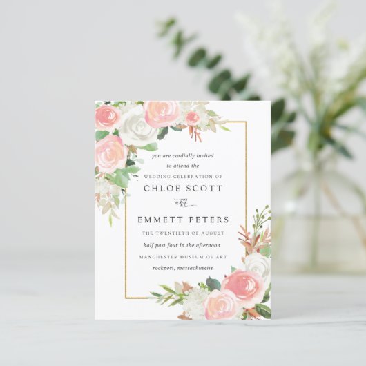 Budget roze White Floral Rustic Wedding Invitation (Staand voorkant)