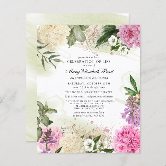 Budget Roze White Paars Floral Funeral Invitation (Voorkant / Achterkant)