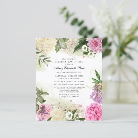 Budget Roze White Paars Floral Funeral Invitation (Staand voorkant)