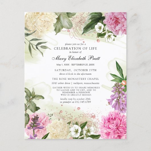 Budget Roze White Paars Floral Funeral Invitation (Voorkant)