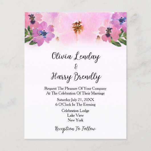 Budget Roze Wilde Bloem Tuin Bruiloft Uitnodiging (Voorkant)