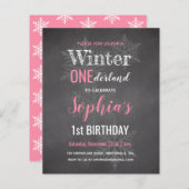Budget roze Winter Onederland 1e verjaardag uitnod (Voorkant / Achterkant)