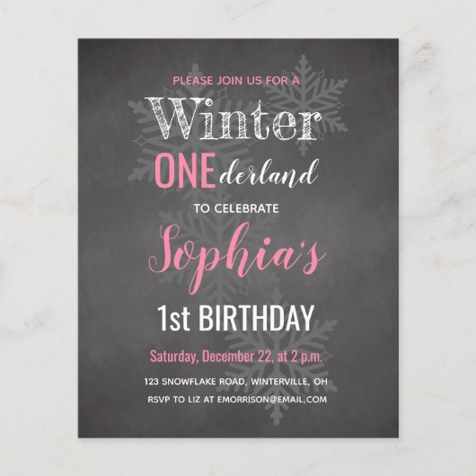 Budget roze Winter Onederland 1e verjaardag uitnod (Voorkant)