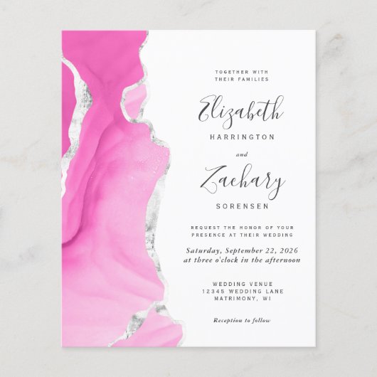 Budget Roze Zilveren Agaat QR Code Huwelijksuitnod (Voorkant)