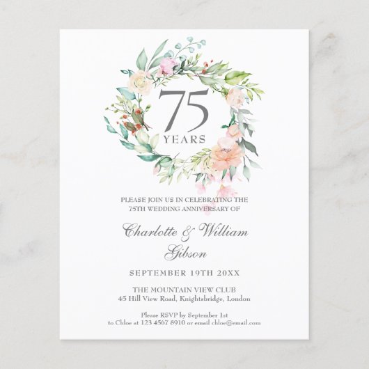 Budget Rozen Garland 75e Jubileum Uitnodiging (Voorkant)