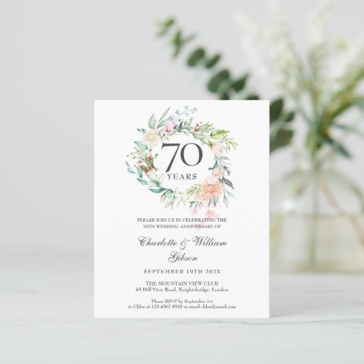 Budget Rozenkrans 70ste verjaardagsuitnodiging (Staand voorkant)