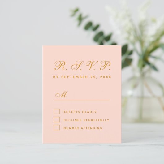 Budget RSVP Blush Pink Script Simple Response Kaar (Staand voorkant)
