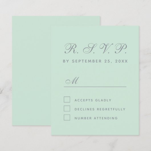 Budget RSVP Mint Green Grey Script Response Kaart (Voorkant / Achterkant)