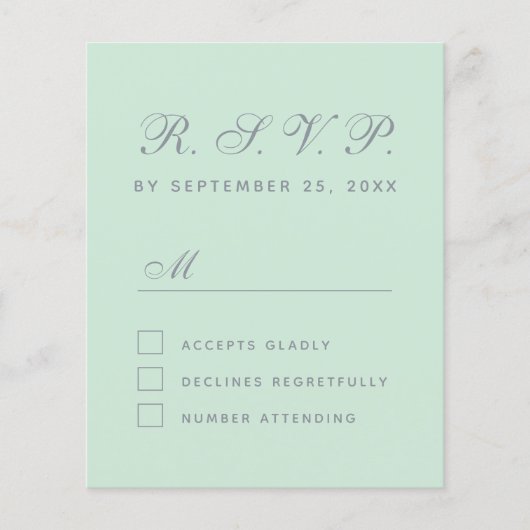 Budget RSVP Mintgroene grijze script responskaart (Voorkant)