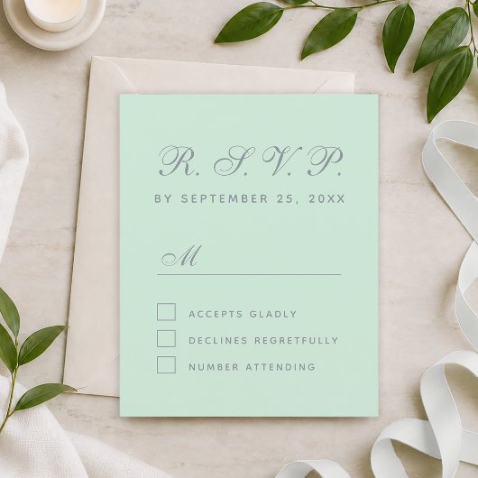Budget RSVP Mintgroene grijze script responskaart