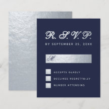 Budget RSVP Navy Blauwe Zilveren Script Trouwkaart