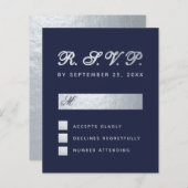 Budget RSVP Navy Blue Silver Script Wedding Kaart (Voorkant / Achterkant)