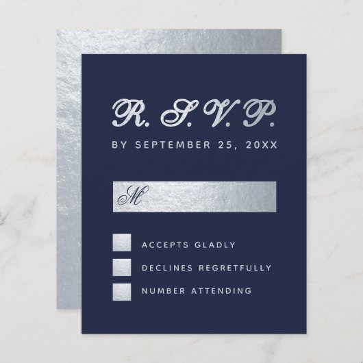 Budget RSVP Navy Blue Silver Script Wedding Kaart (Voorkant / Achterkant)