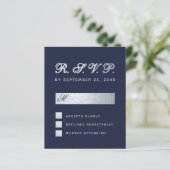 Budget RSVP Navy Blue Silver Script Wedding Kaart (Staand voorkant)