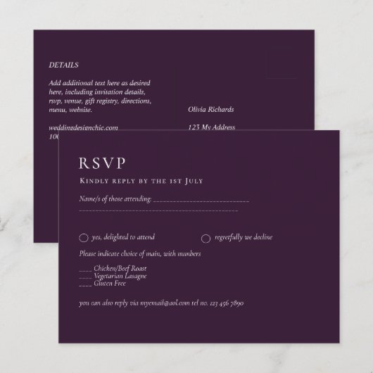 BUDGET RSVP Plum Paars Monochrome Moderne Weddensc Briefkaart (Voorkant / Achterkant)