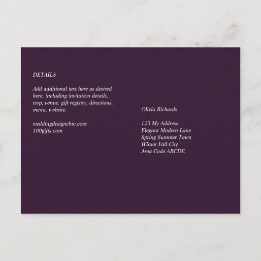 BUDGET RSVP Plum Paars Monochrome Moderne Weddensc Briefkaart (Achterkant)