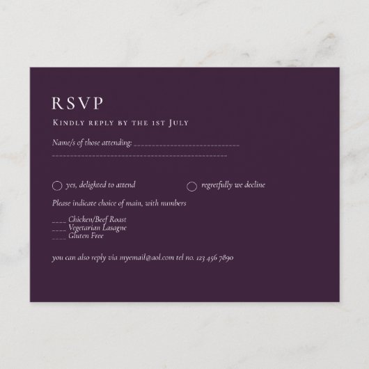 BUDGET RSVP Plum Paars Monochrome Moderne Weddensc Briefkaart (Voorkant)