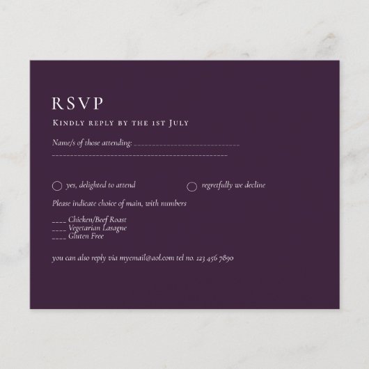 BUDGET RSVP Plum Paars Monochrome Moderne Weddensc Flyer (Voorkant)