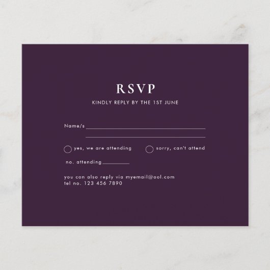 BUDGET RSVP Pruim Paars Monochroom Modern Trouwen Flyer (Voorkant)