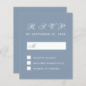 Budget RSVP Stapel Blue White Script Response Kaar (Voorkant / Achterkant)