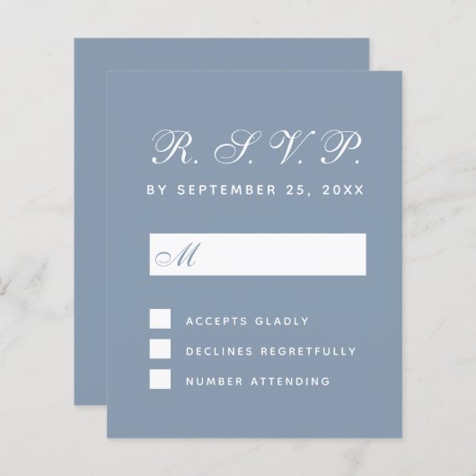 Budget RSVP Stapel Blue White Script Response Kaar (Voorkant / Achterkant)