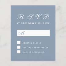 Budget RSVP Stapel Blue White Script Response Kaar