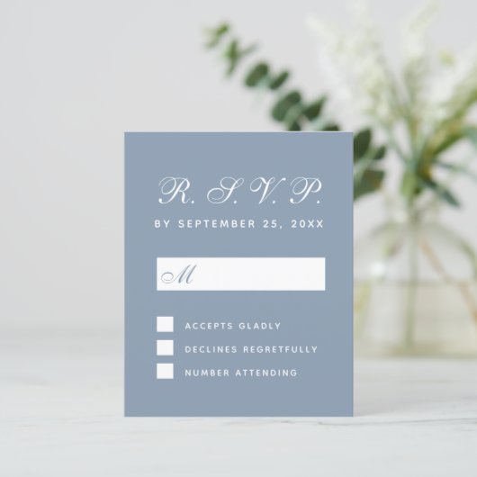 Budget RSVP Stof Blauw Witte Script Reactiekaart (Staand voorkant)