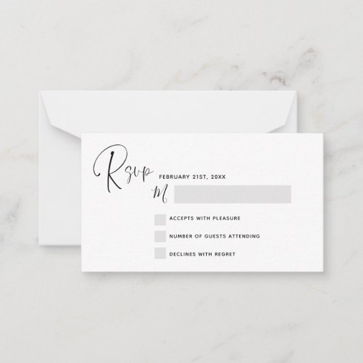 Budget RSVP Wedding Black White Script Note Kaart Notitiekaartje (Voorkant)