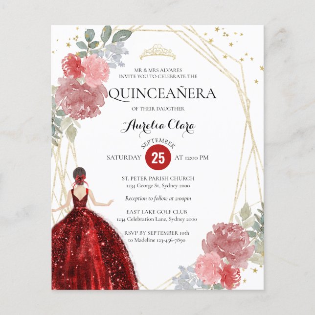 Budget Ruby Red Floral Geometric Quinceañera (Voorkant)