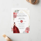 Budget Ruby Red Floral Geometric Quinceañera Notitiekaartje (Voorkant / Achterkant in situ)