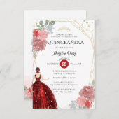Budget Ruby Red Floral Geometric Quinceañera Notitiekaartje (Voorkant / Achterkant)