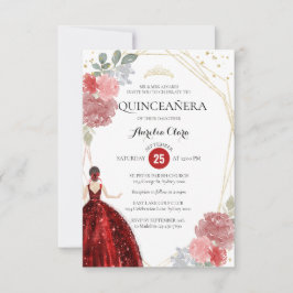 Budget Ruby Red Floral Geometric Quinceañera Notitiekaartje