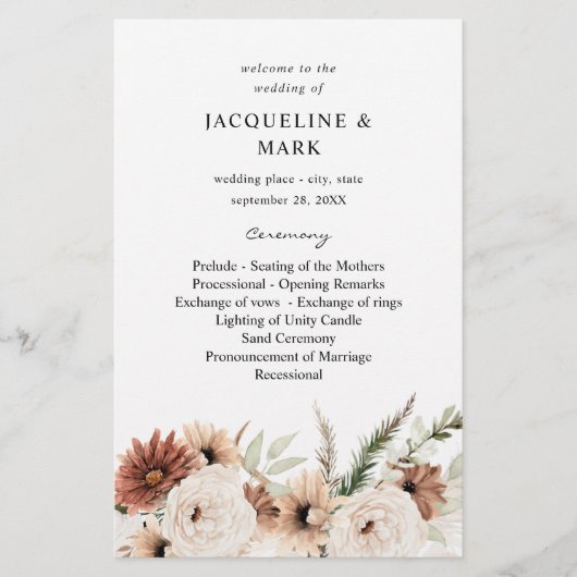Budget Rus Neutral Boho Floral Wedding Ceremony Flyer (Voorkant)