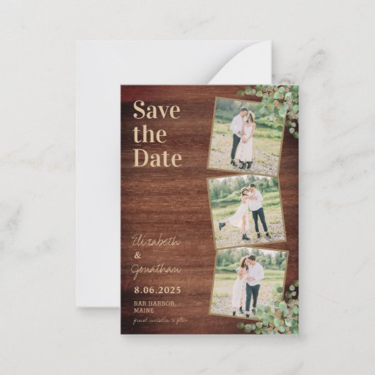 Budget Rustic 3 Foto Wedding Save the Date Notitiekaartje (Voorkant)