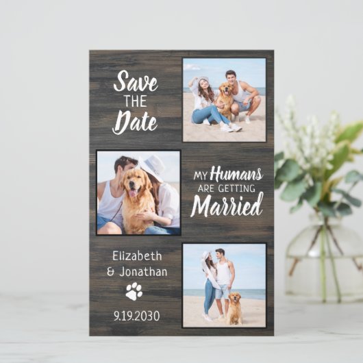 Budget Rustic 3 Photo Dog Wedding Save the Date (Staand voorkant)