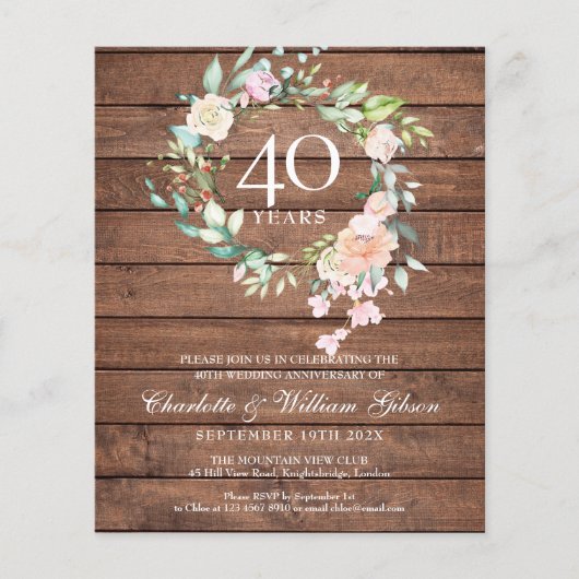 Budget Rustic 40th Anniversary Ruby Bloemen Uitnod (Voorkant)