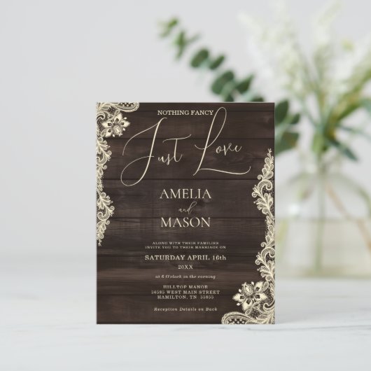 Budget Rustic All in One Wood Wedding Invitation (Staand voorkant)
