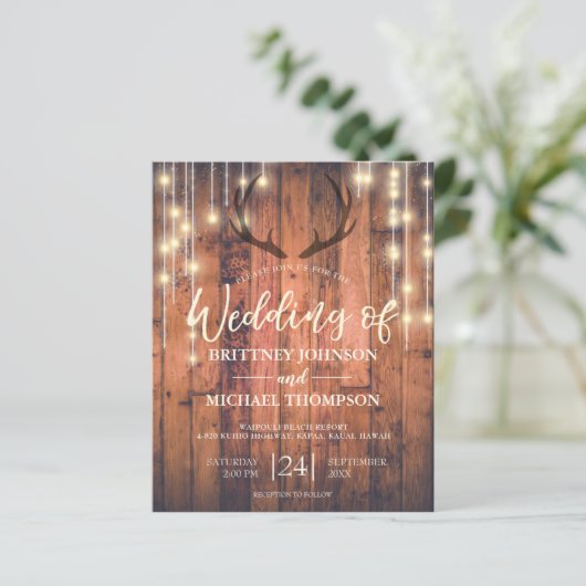 Budget Rustic Antler String Lights Wedding Invite (Staand voorkant)