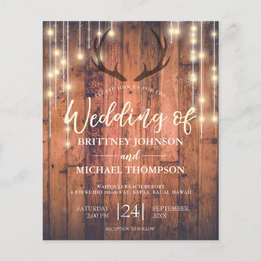 Budget Rustic Antler String Lights Wedding Invite (Voorkant)