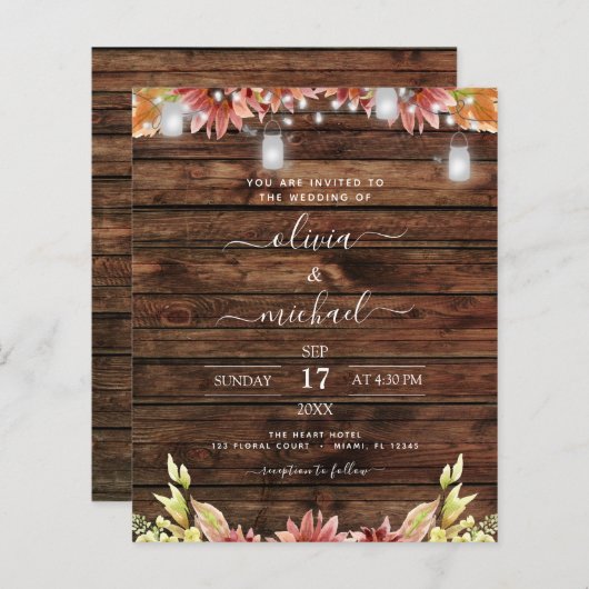 Budget Rustic Autumn Sunflower Wedding Uitnodiging (Voorkant / Achterkant)