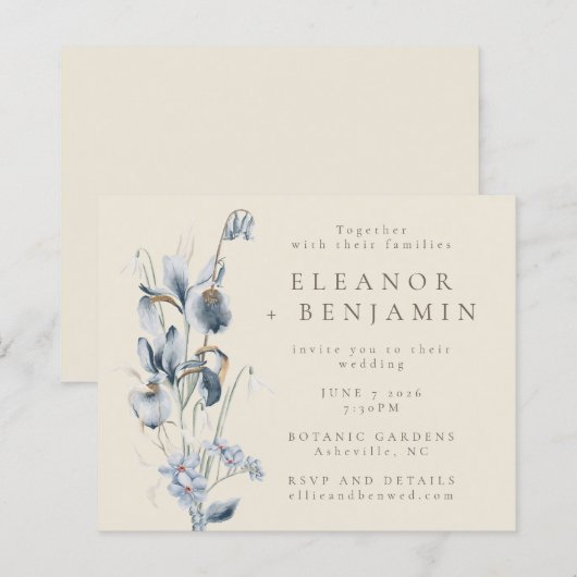 Budget  Rustic Blue Floral Wedding Invite (Voorkant / Achterkant)