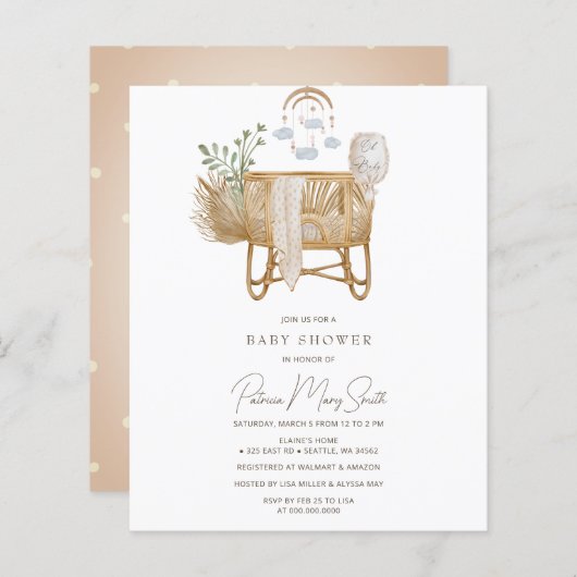 Budget Rustic Boho Baby Cot Baby shower Invitation (Voorkant / Achterkant)