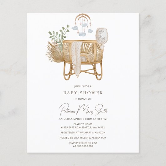 Budget Rustic Boho Baby Cot Baby shower Invitation (Voorkant)