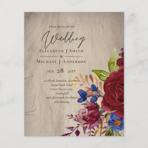BUDGET Rustic Burgundy Blue Floral Wedding Invites