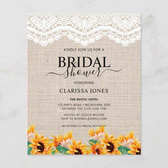 BUDGET Rustic Burlap Lace Bridal Shower Uitnodigin (Voorkant)