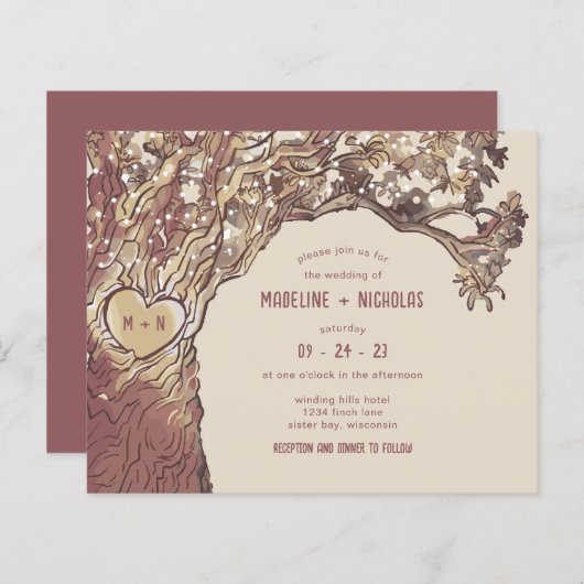 BUDGET Rustic carved Heart Tree Weddenschap (Voorkant / Achterkant)