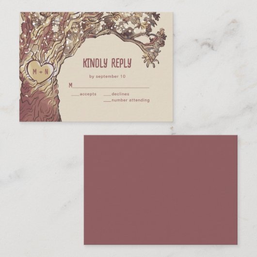 BUDGET Rustic Carved Heart Tree Weddenschap RSVP-k Notitiekaartje (Voorkant / Achterkant)