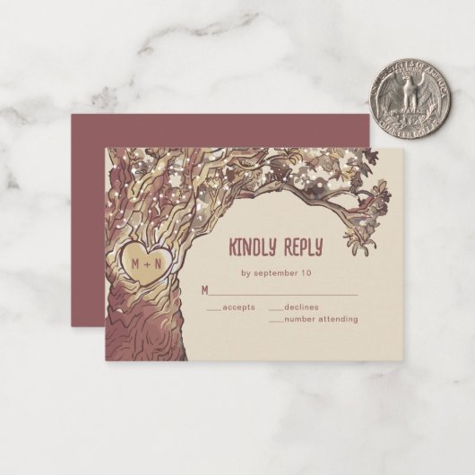 BUDGET Rustic Carved Heart Tree Weddenschap RSVP-k Notitiekaartje (Voorkant / Achterkant in situ)